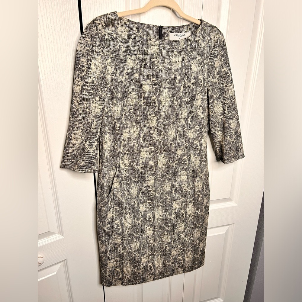 MM LaFleur Etsuko Crackle Sheath Dress 3/4 Sleeve Black Gray Round‎ Neck Size 12 - Picture 2 of 9